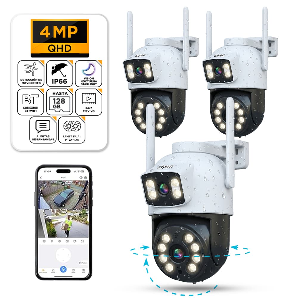 Kit X 3 Cámara de Seguridad Ziyen ZX57 Lente Dual 4MP Domo Exterior WiFi Control Por App