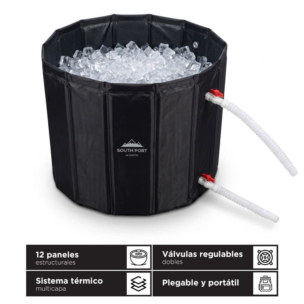 Bañera De Hielo Plegable South Port By Gadnic Estructura 12 Paneles Tela Oxford Malla PVC MDF 3 mm Tapa Termica Dos Valvulas Regulables Dos Mangueras Flexibles 52 cm 
