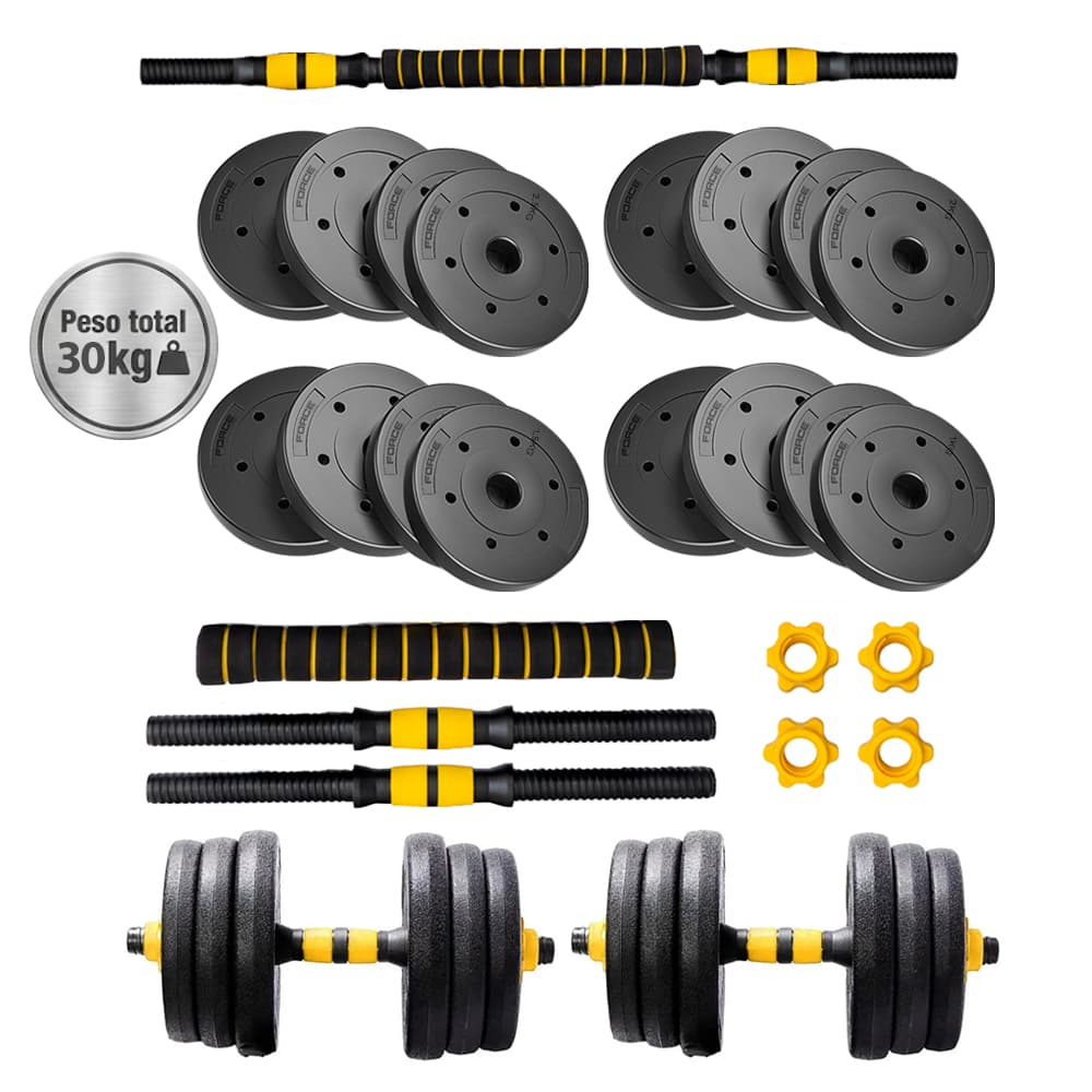 Kit Mancuernas Y Barra  30 Kg Discos Force By Gadnic  Pvc Con Tope A Rosca Usado