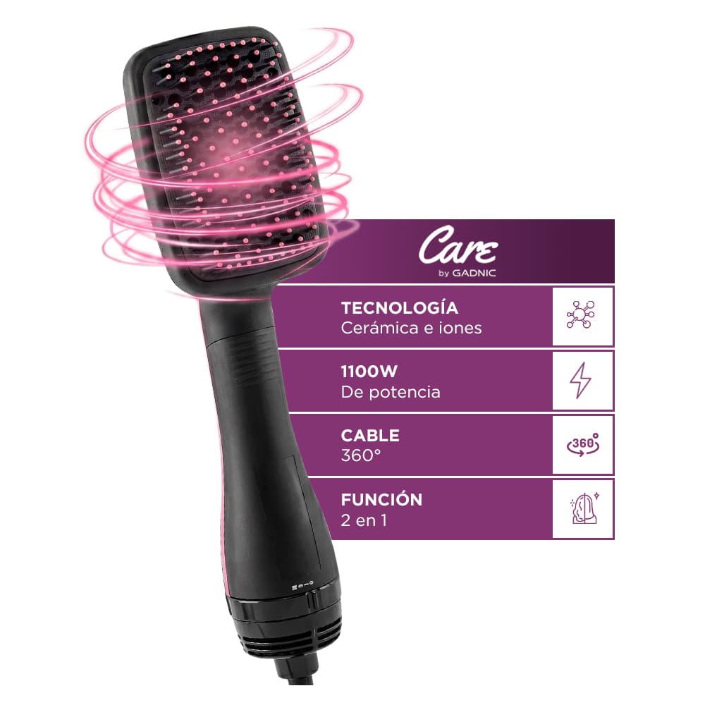 Cepillo Secador Moldeador De Pelo Care by Gadnic 1100W Ceramico Con Iones Negativos 