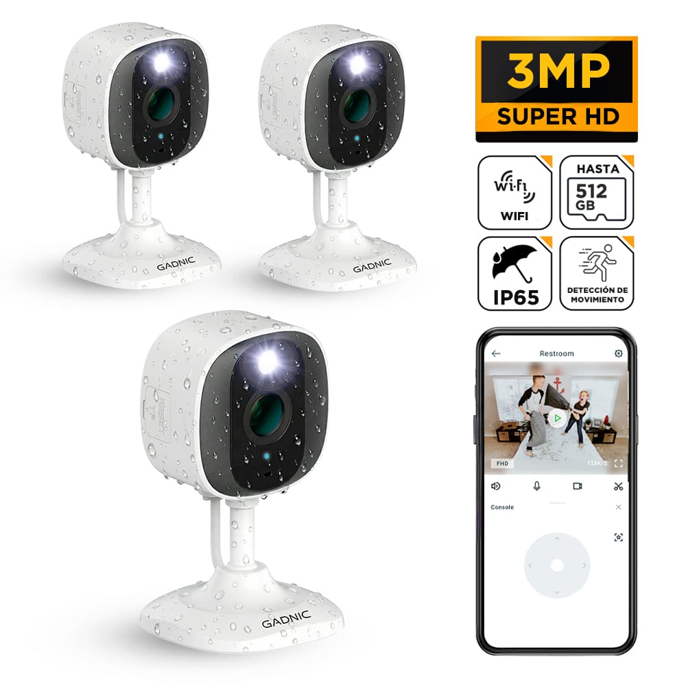 Kit x3 Cámara de Seguridad WiFi Gadnic Mini-G 2K Exterior Interior Audio Bidireccional 3MP Visión Nocturna Ip65