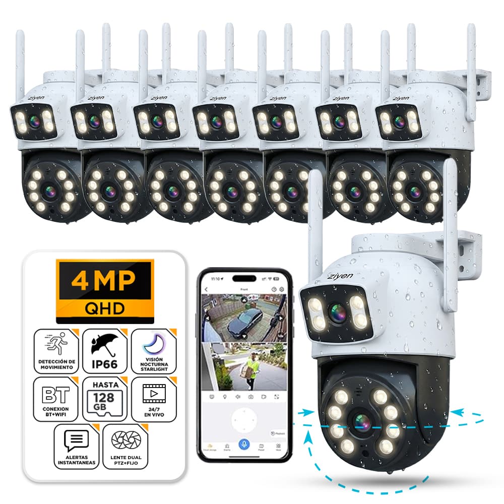 Kit X 8 Cámaras de Seguridad Ziyen ZX57 Lente Dual 4MP Domo Exterior WiFi Control Por App