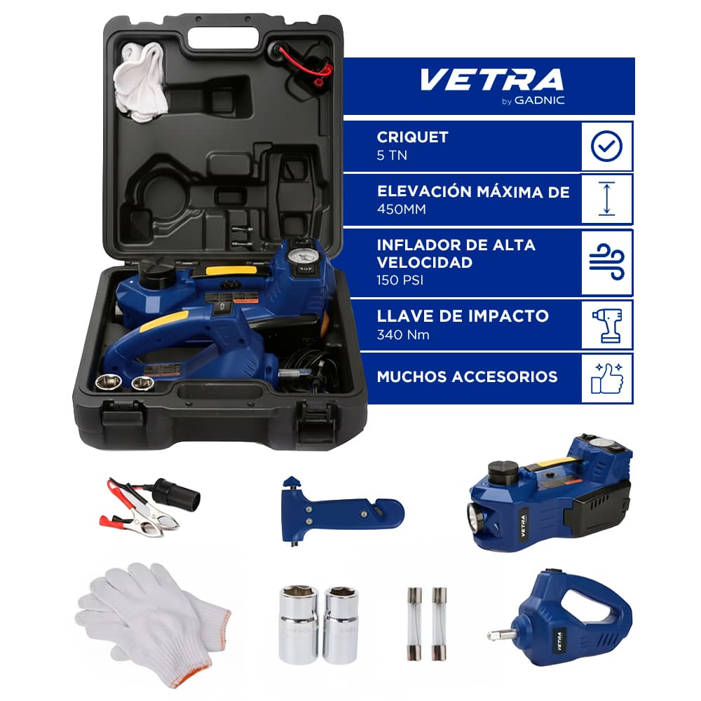 Crique Eléctrico 12v Auto VETRA By Gadnic 5 Toneladas Automático Multifunción Inflador