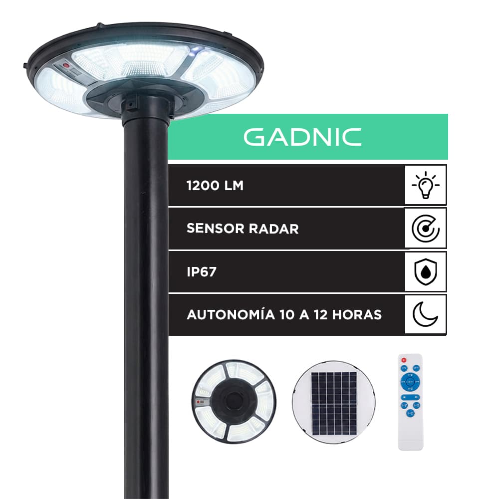 Lampara Solar Led Exterior Gadnic 1200Lm Sensor Radar Control Remoto IP67