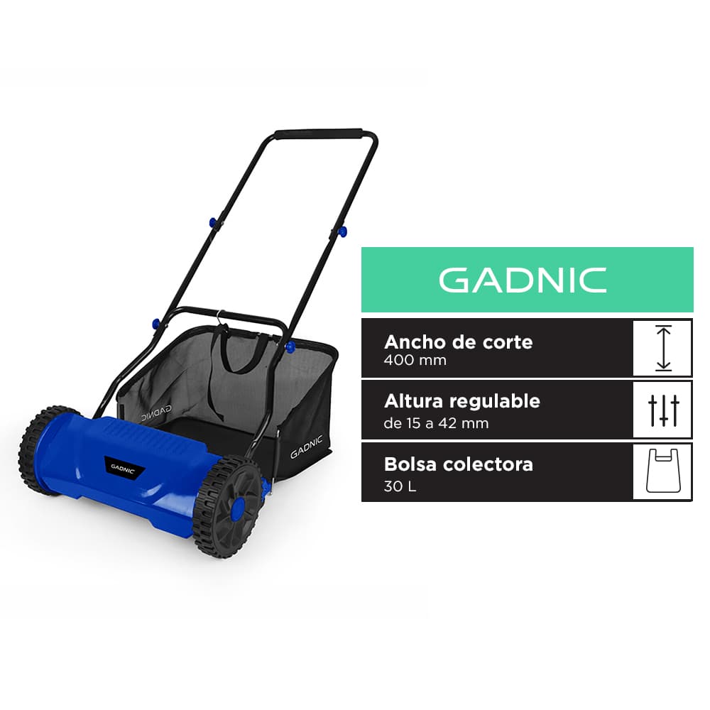 Cortadora de Césped Manual Gadnic 5 Cuchillas Acero Helicoidal Bolsa 30L