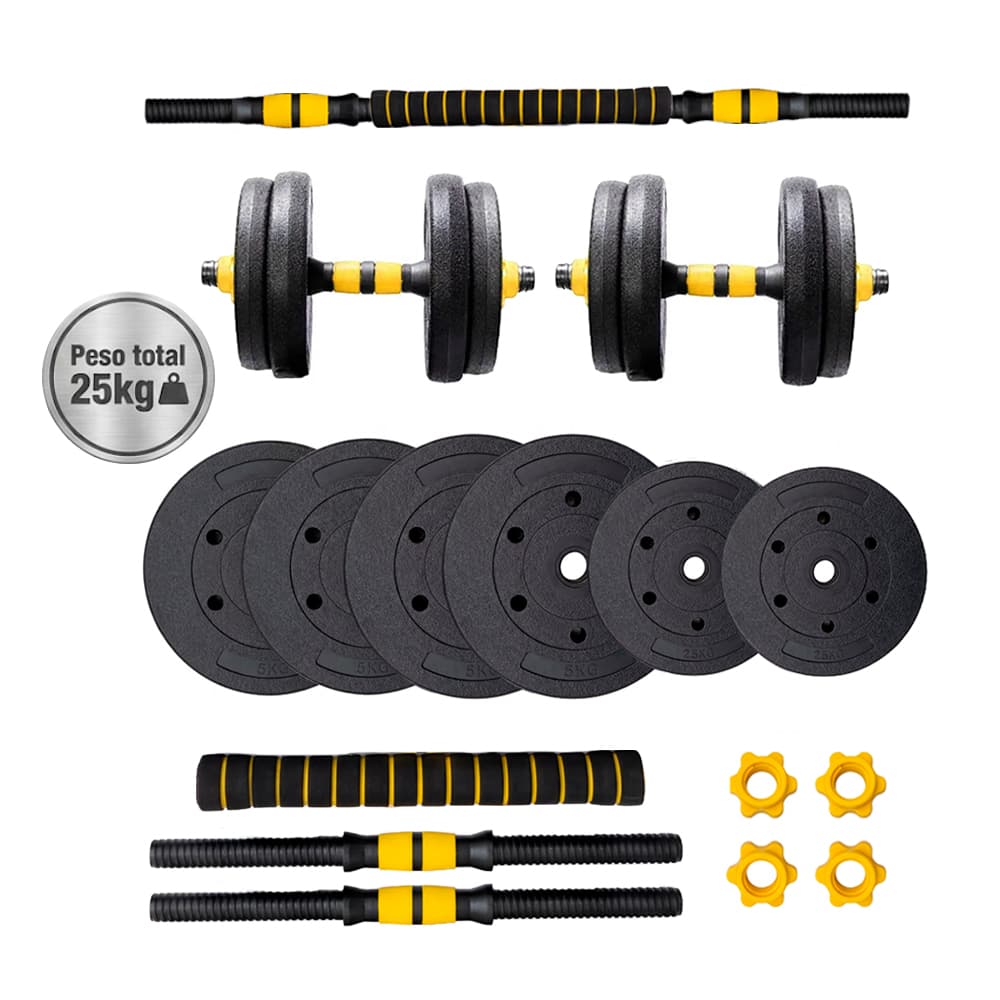 Kit Mancuernas Y Barra Force By Gadnic 25 Kg Discos Pvc Conversor A Rosca Entrenamiento Completo