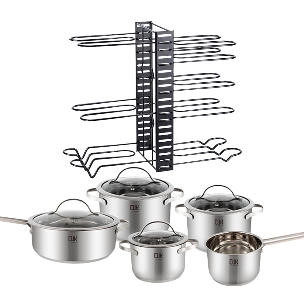Kit Organizador de Ollas Gadnic Acero Reforzado 3 Modos +Set de Ollas Batería de Cocina 9 Piezas